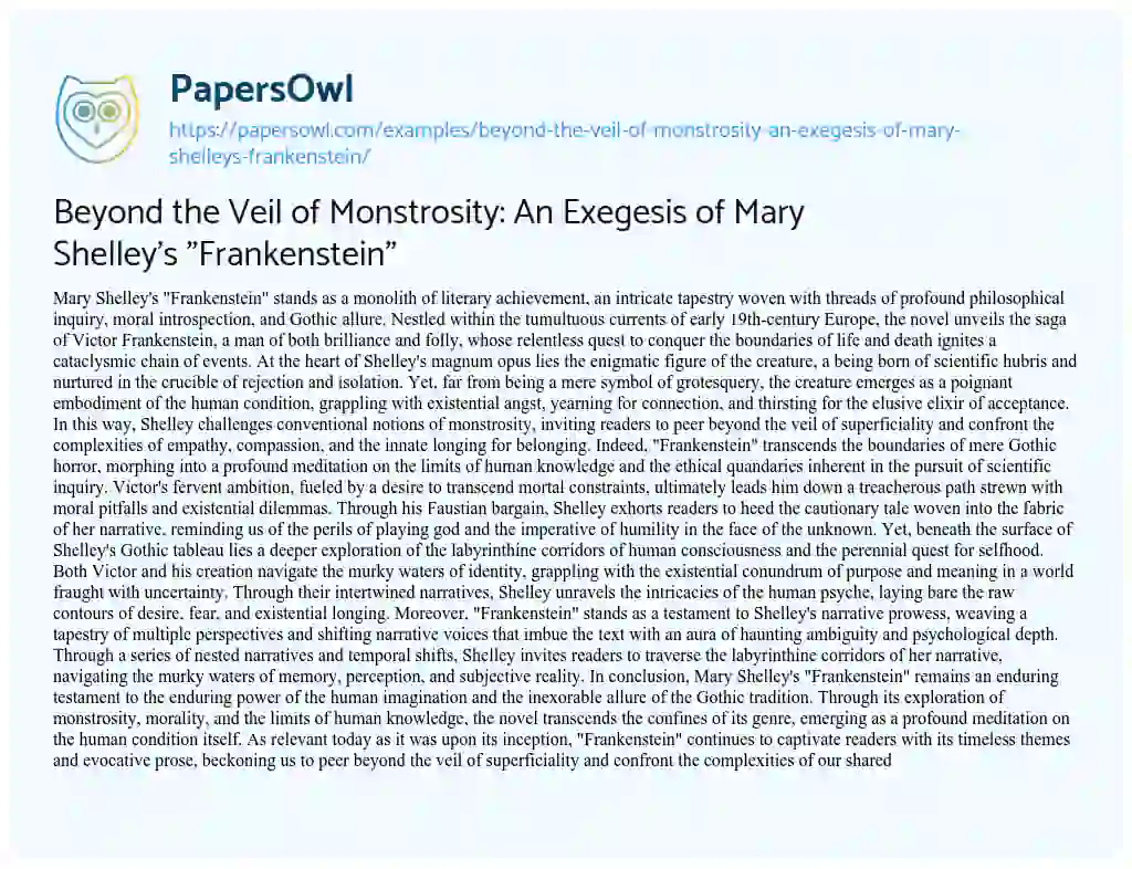 Essay on Beyond the Veil of Monstrosity: an Exegesis of Mary Shelley’s “Frankenstein”