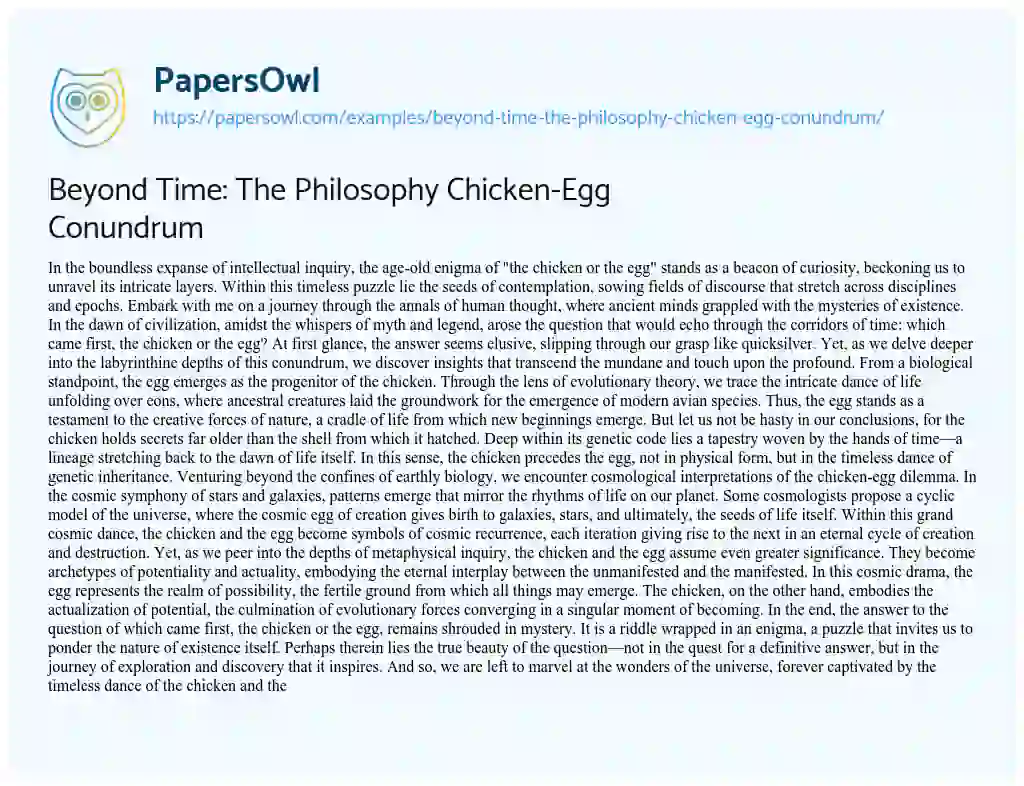 Essay on Beyond Time: the Philosophy Chicken-Egg Conundrum