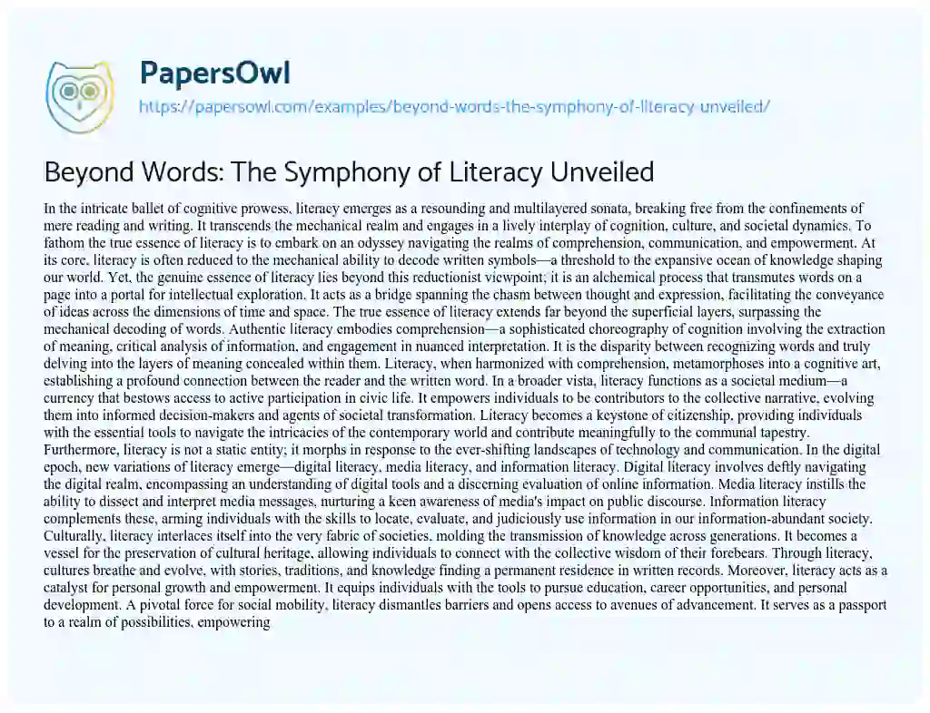 Essay on Beyond Words: the Symphony of Literacy Unveiled