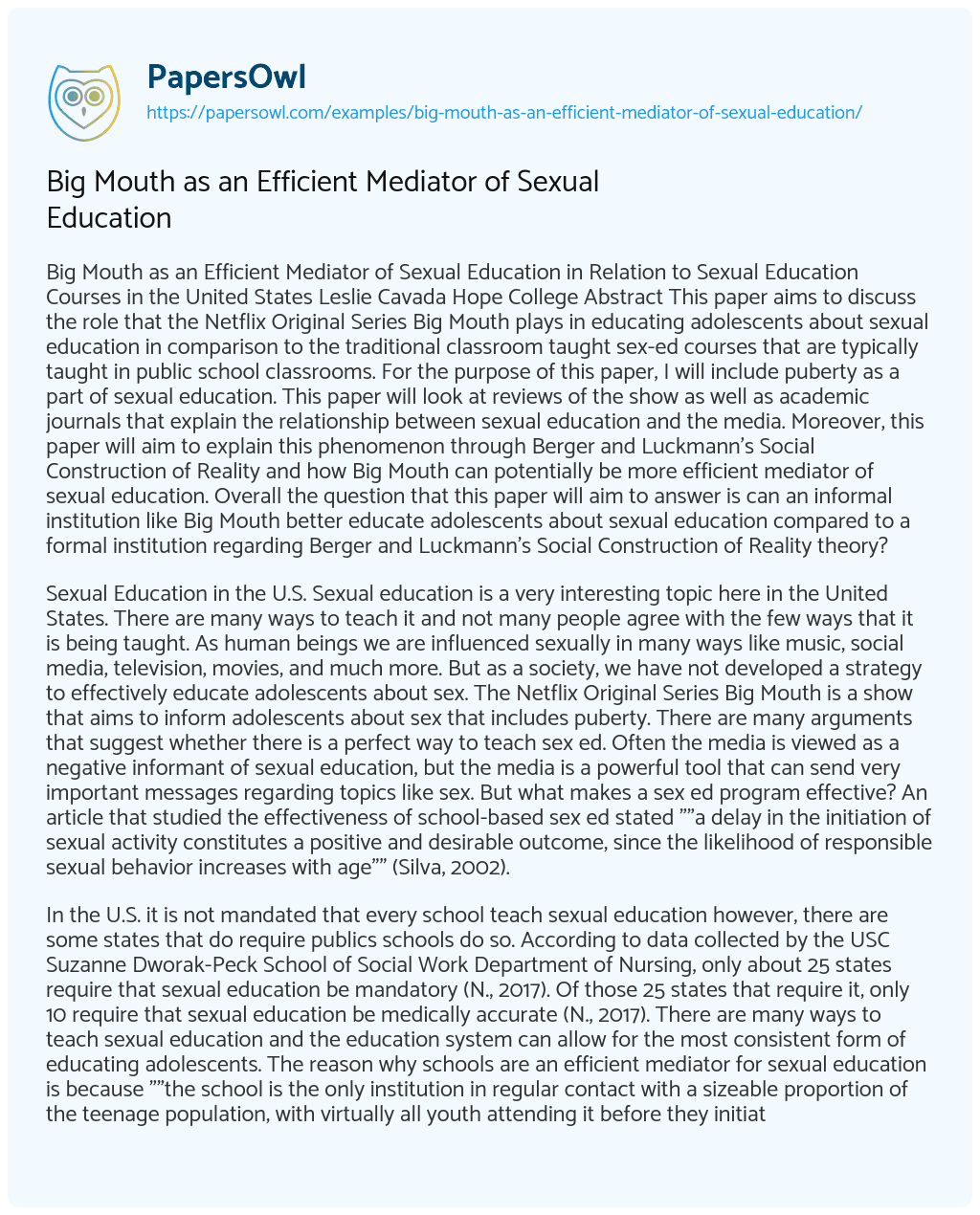 Essay on Big Mouth as an Efficient Mediator of Sexual Education