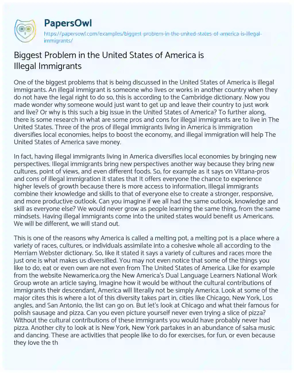 Essay on Biggest Problem in the United States of America is Illegal Immigrants