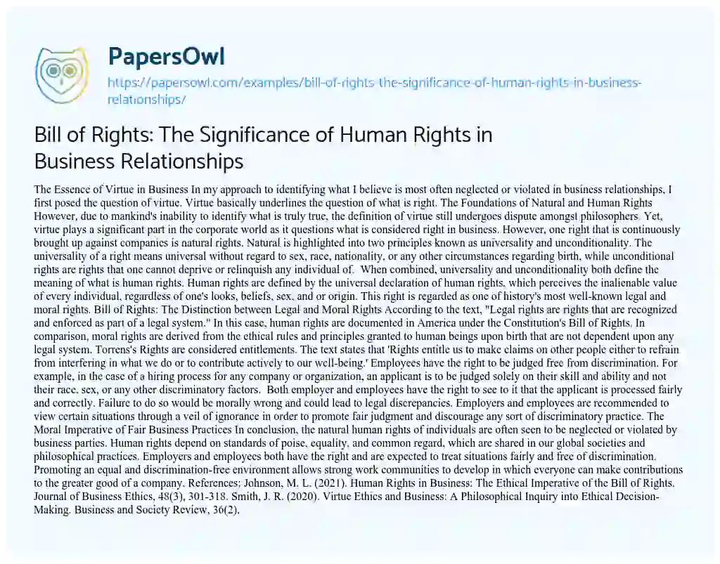 Essay on Bill of Rights: the Significance of Human Rights in Business Relationships