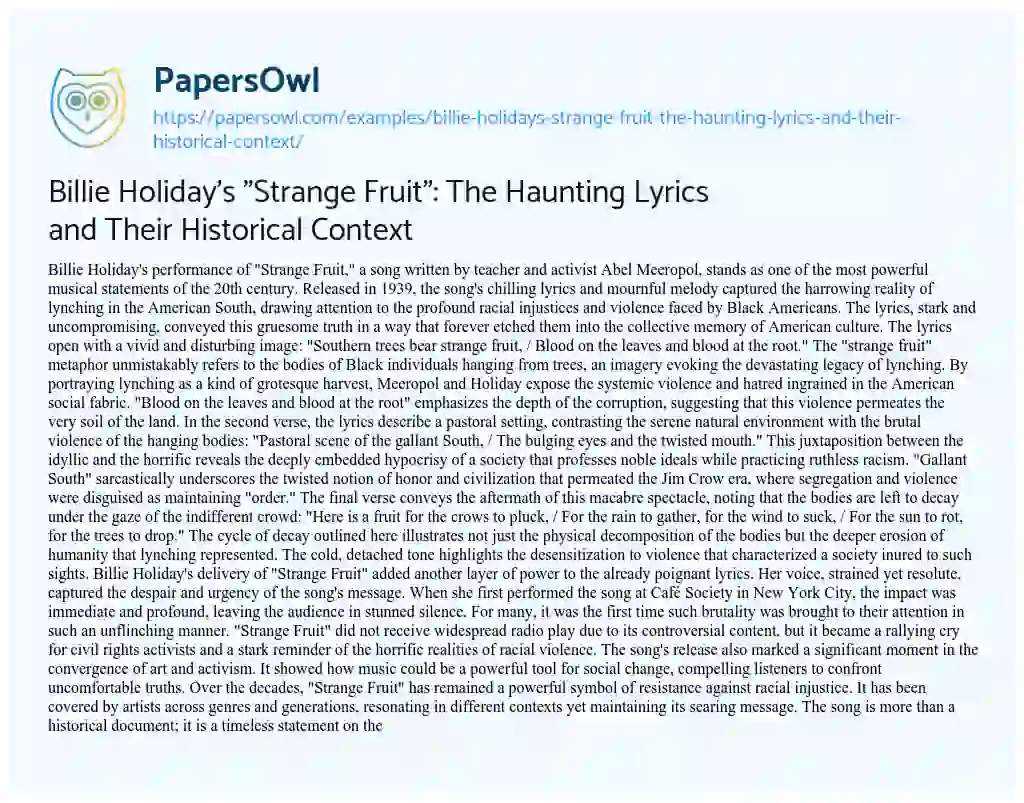 Essay on Billie Holiday’s “Strange Fruit”: the Haunting Lyrics and their Historical Context