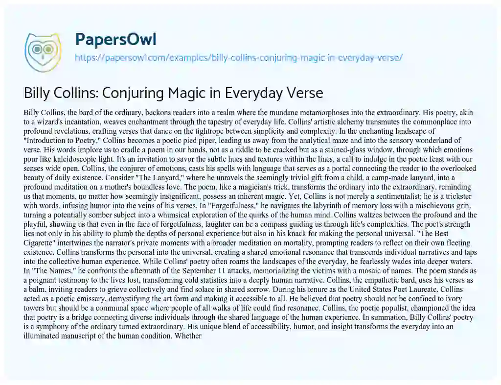 Essay on Billy Collins: Conjuring Magic in Everyday Verse