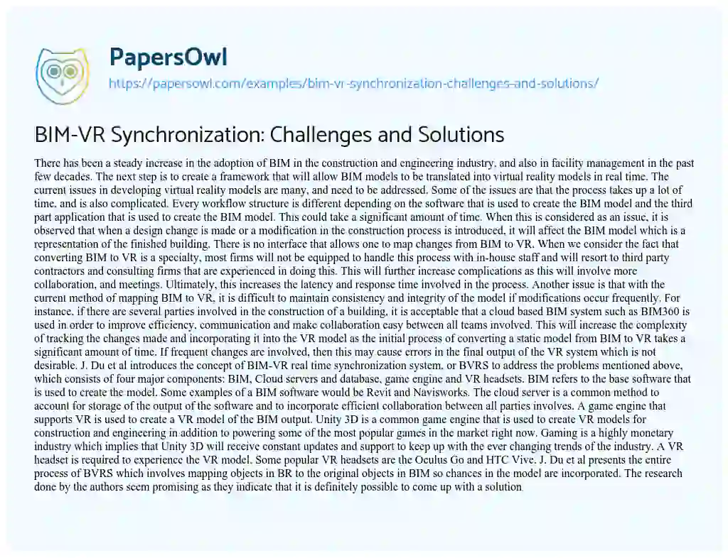 Essay on BIM-VR Synchronization: Challenges and Solutions