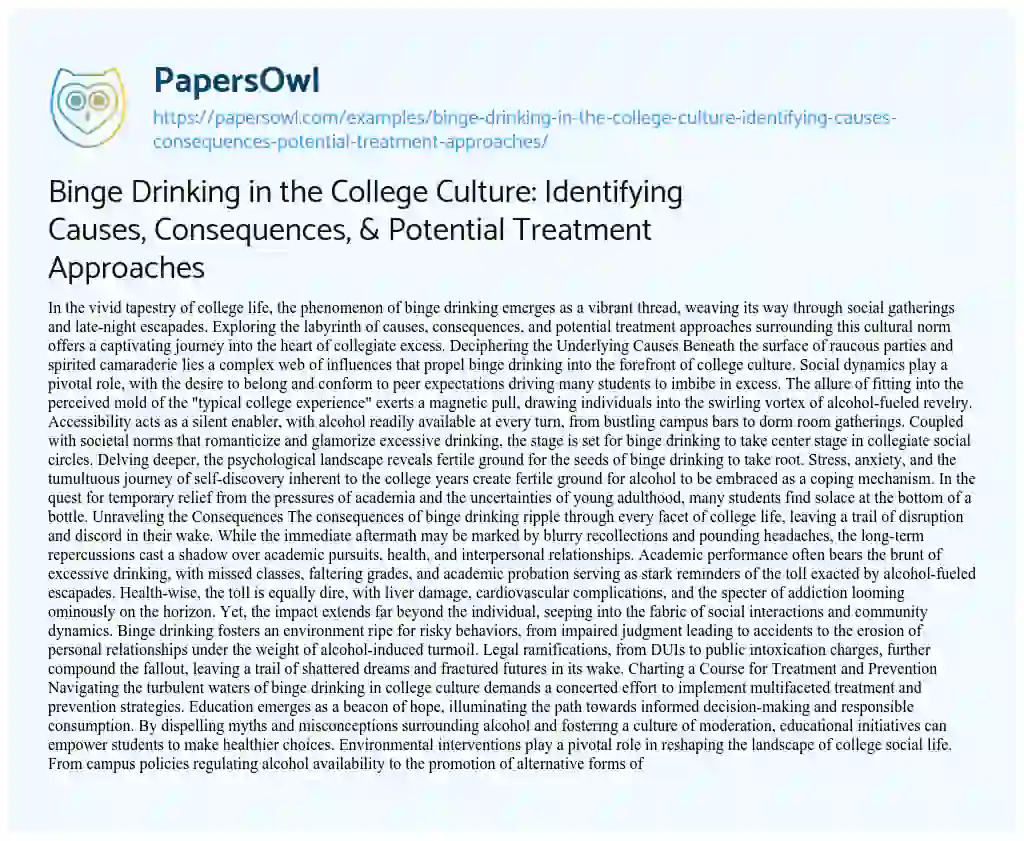Essay on Binge Drinking in the College Culture: Identifying Causes, Consequences, & Potential Treatment Approaches