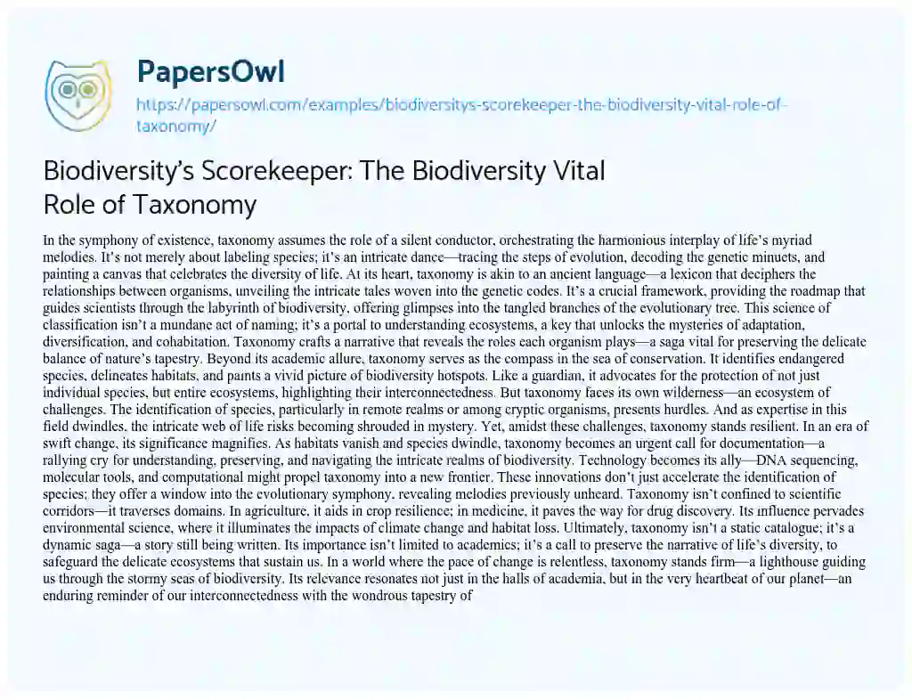 Essay on Biodiversity’s Scorekeeper: the Biodiversity Vital Role of Taxonomy