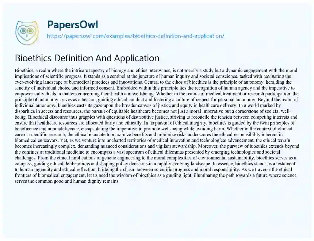 Essay on Bioethics Definition and Application