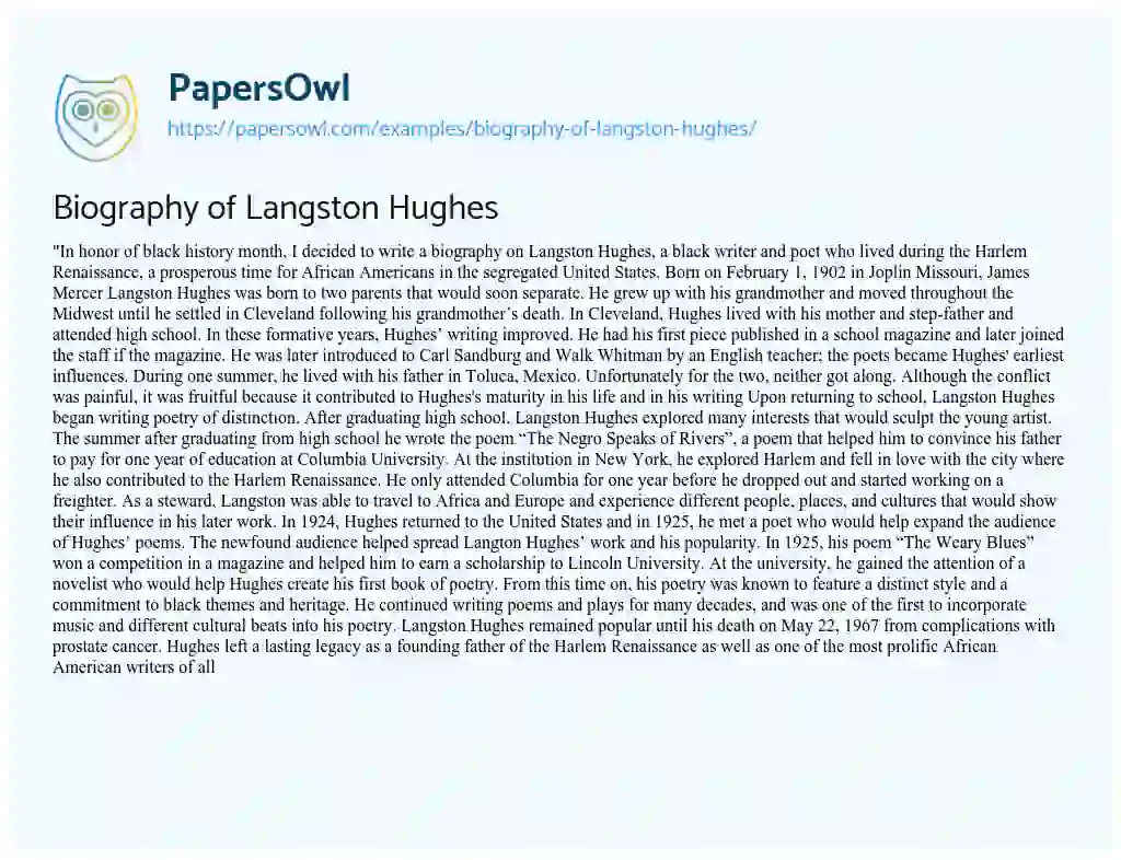 Essay on Biography of Langston Hughes