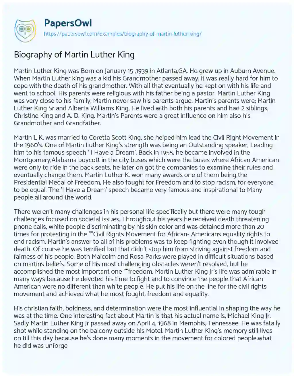 Essay on Biography of Martin Luther King