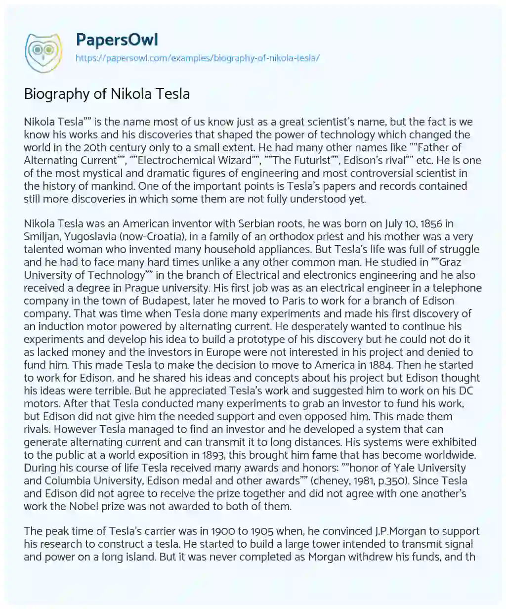 Essay on Biography of Nikola Tesla