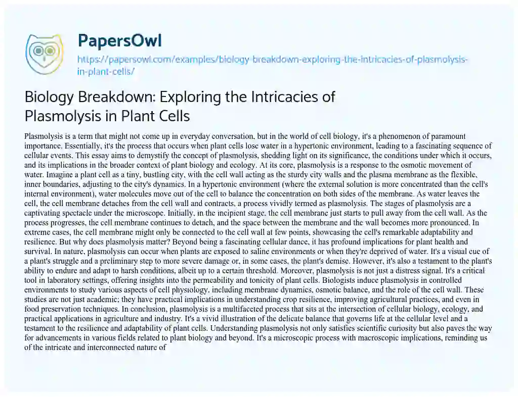 Essay on Biology Breakdown: Exploring the Intricacies of Plasmolysis in Plant Cells