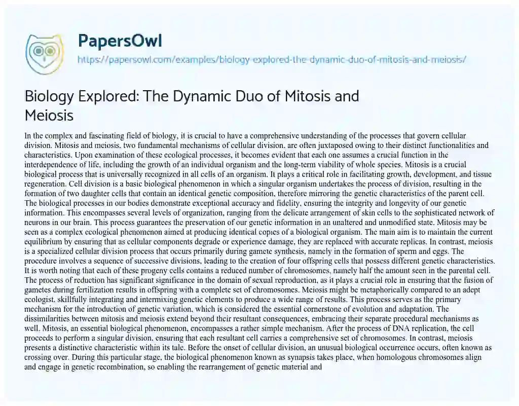 Essay on Biology Explored: the Dynamic Duo of Mitosis and Meiosis