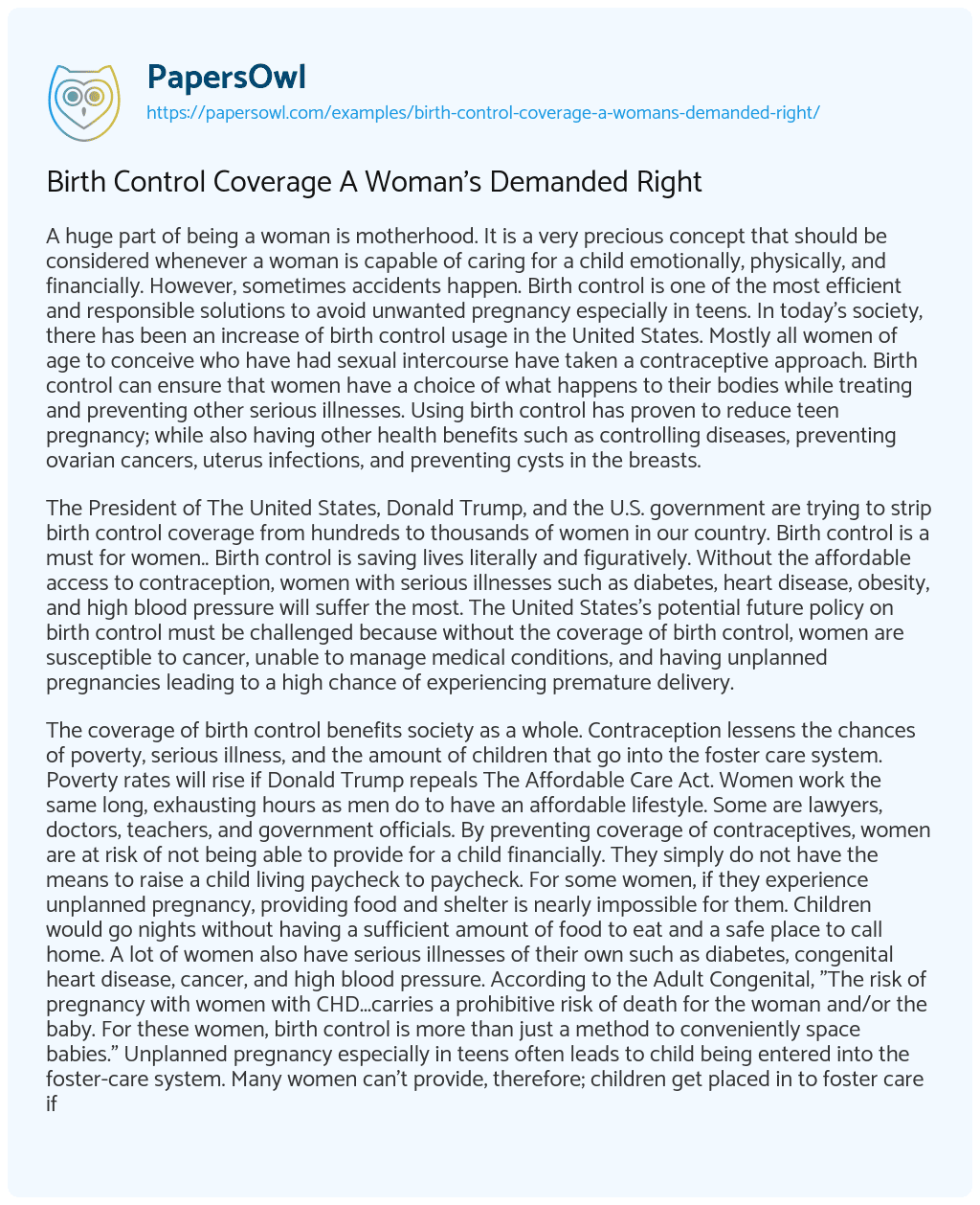 Essay on Birth Control Coverage a Woman’s Demanded Right