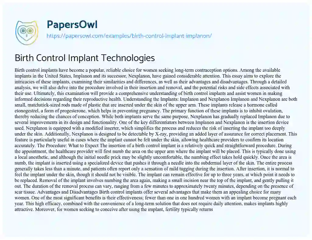 Essay on Birth Control Implant Implanon