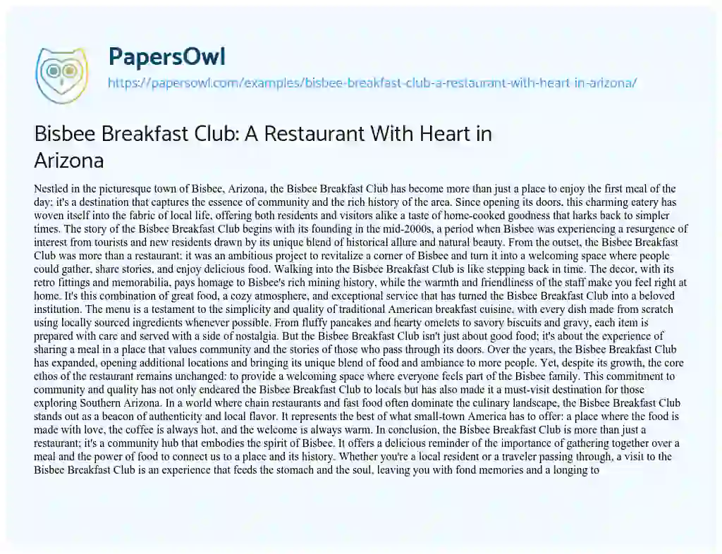 Essay on Bisbee Breakfast Club: a Restaurant with Heart in Arizona