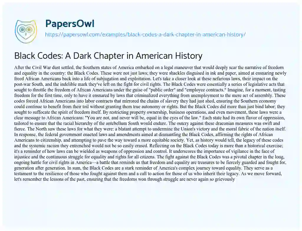 Essay on Black Codes: a Dark Chapter in American History