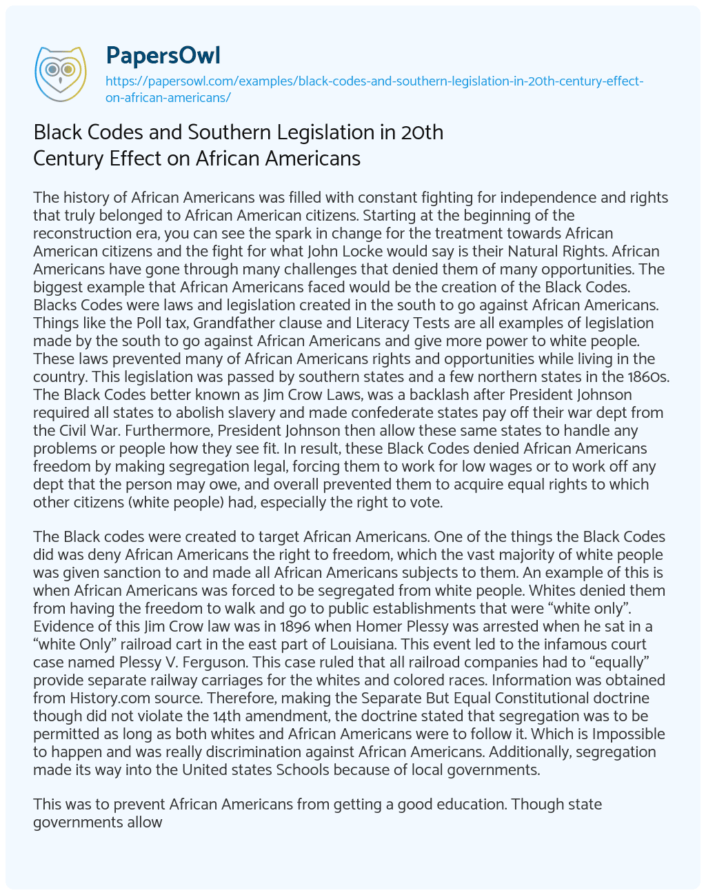 Essay on Black Codes and Southern Legislation in 20th Century Effect on African Americans