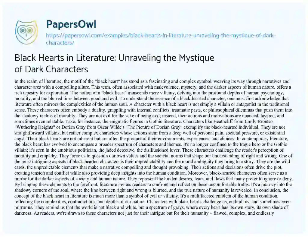 Essay on Black Hearts in Literature: Unraveling the Mystique of Dark Characters