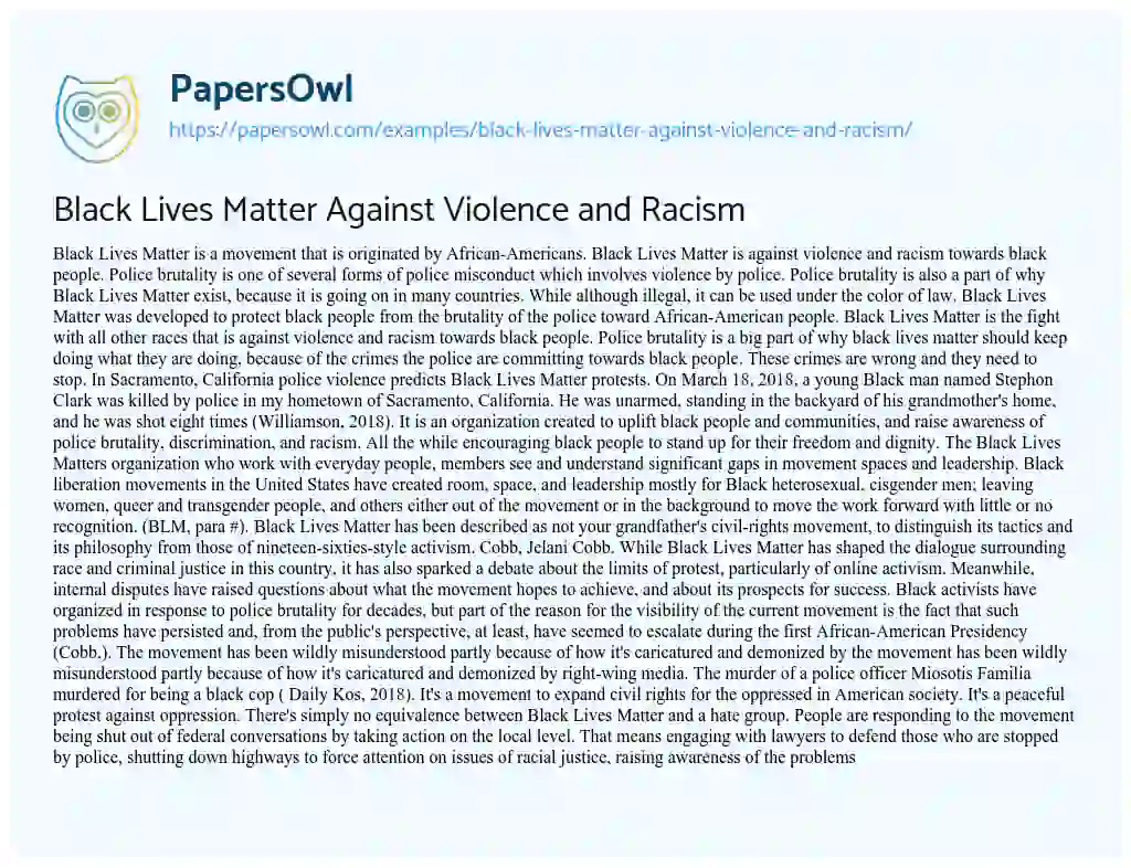 Essay on Black Lives Matter against Violence and Racism