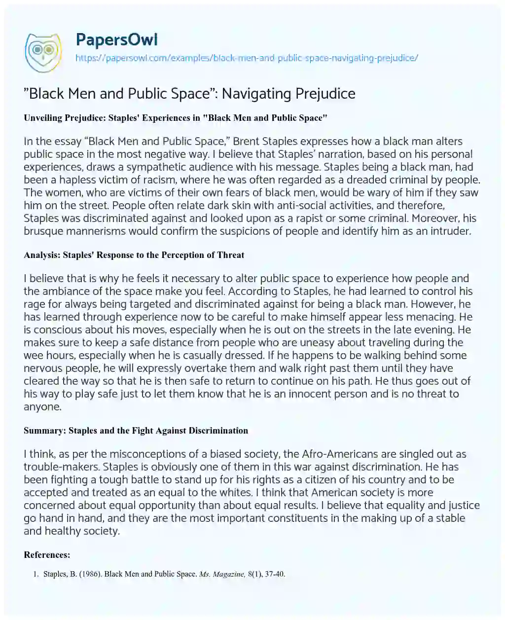 Essay on “Black Men and Public Space”: Navigating Prejudice