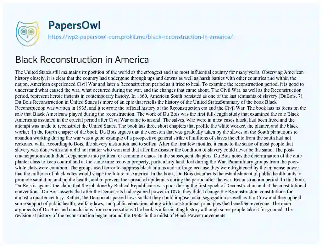 Essay on Black Reconstruction in America