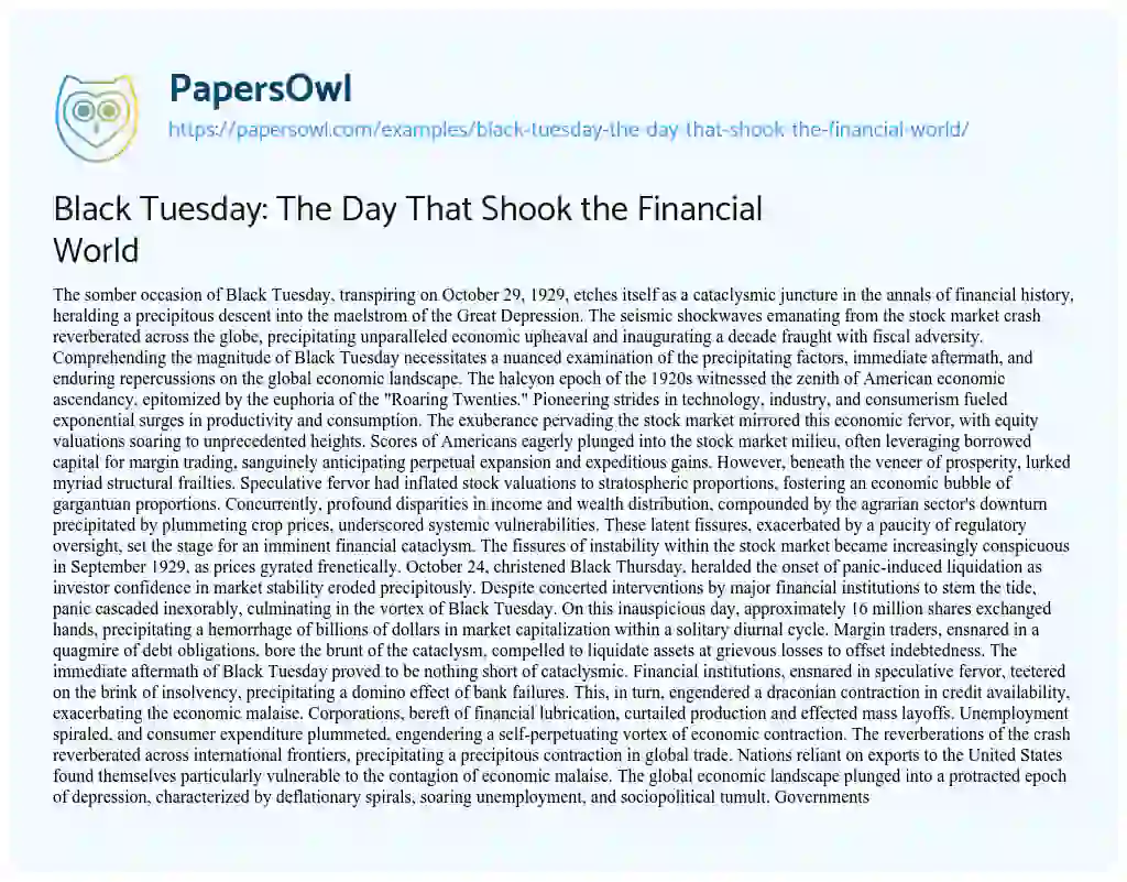 Essay on Black Tuesday: the Day that Shook the Financial World