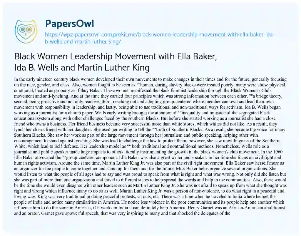 Essay on Black Women Leadership Movement with Ella Baker, Ida B. Wells and Martin Luther King