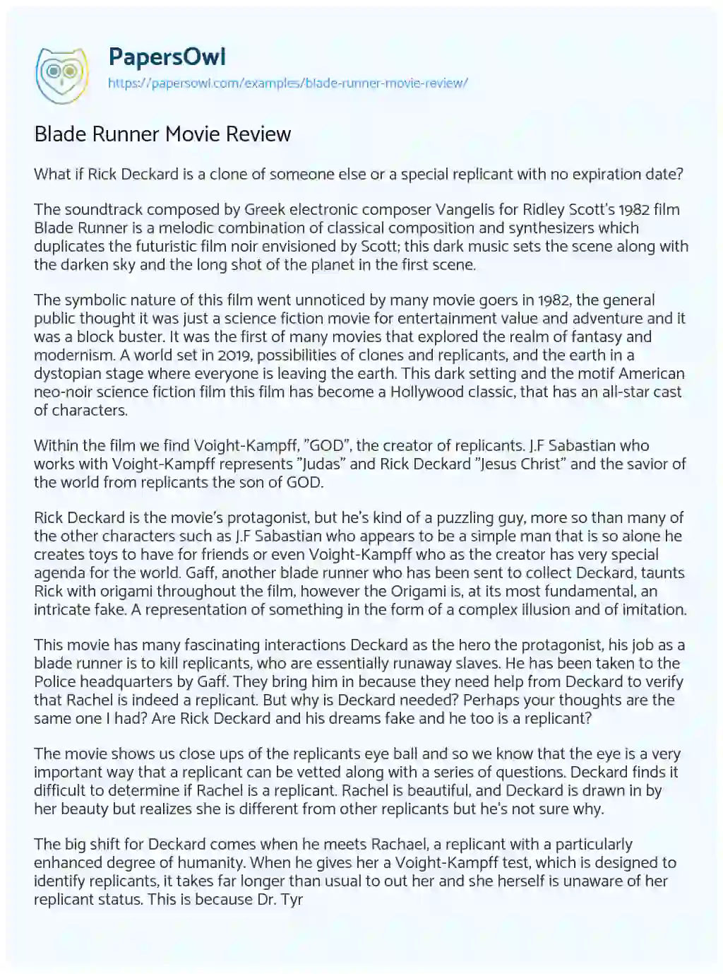 Essay on Blade Runner Movie Review