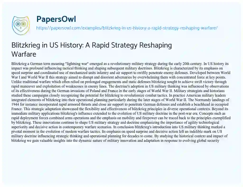 Essay on Blitzkrieg in US History: a Rapid Strategy Reshaping Warfare