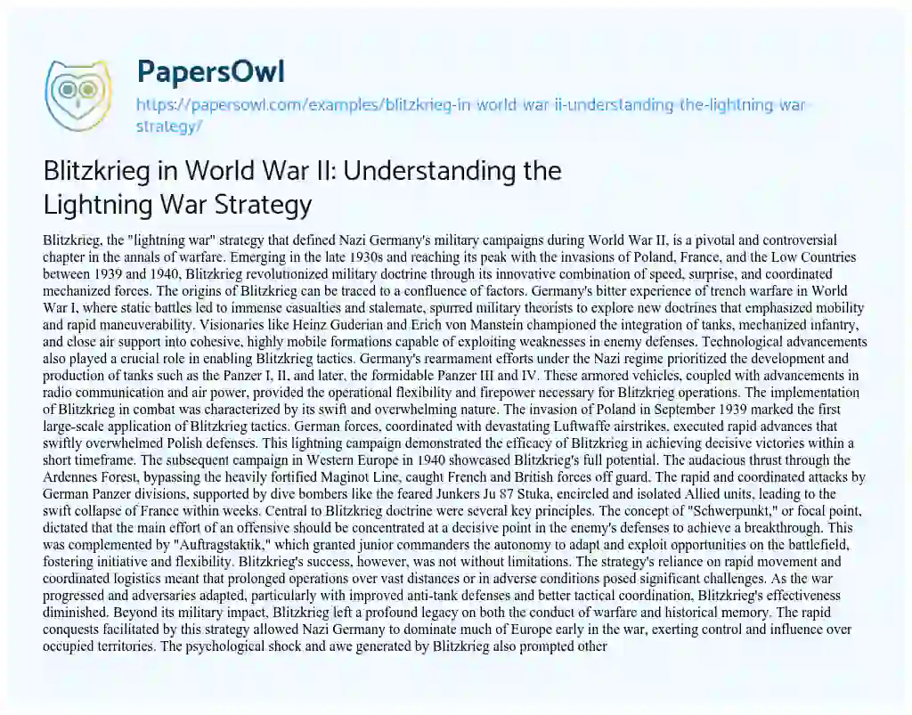 Essay on Blitzkrieg in World War II: Understanding the Lightning War Strategy