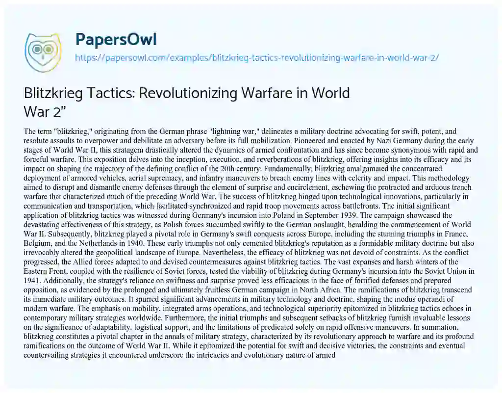 Essay on Blitzkrieg Tactics: Revolutionizing Warfare in World War 2″