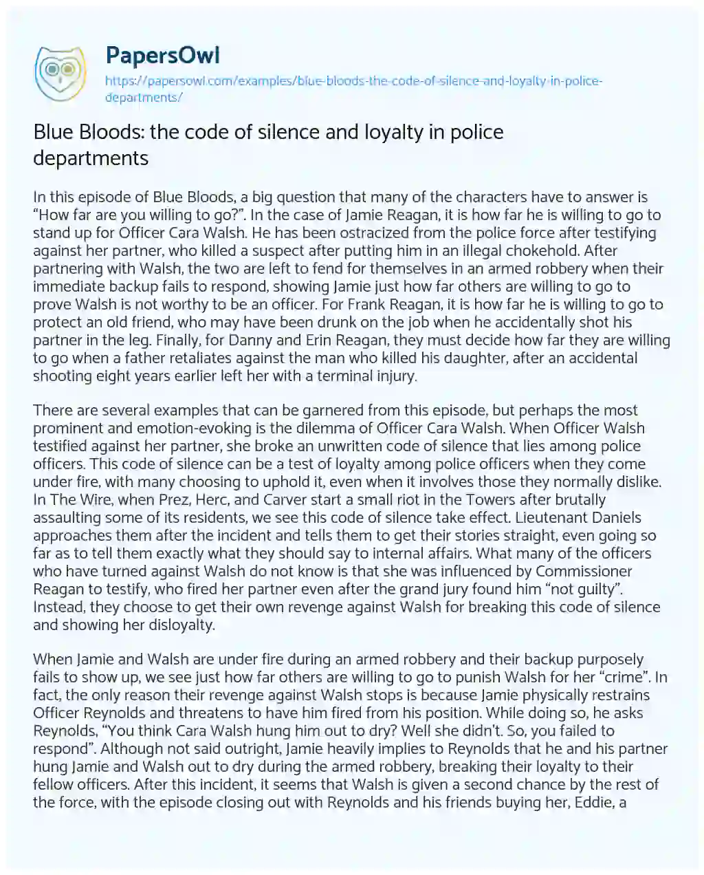 Essay on Blue Bloods: the Code of Silence and Loyalty in Police Departments