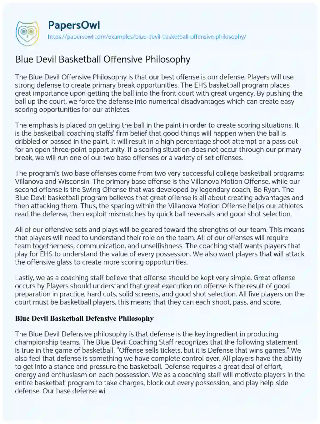 Essay on Blue Devil Basketball Offensive Philosophy