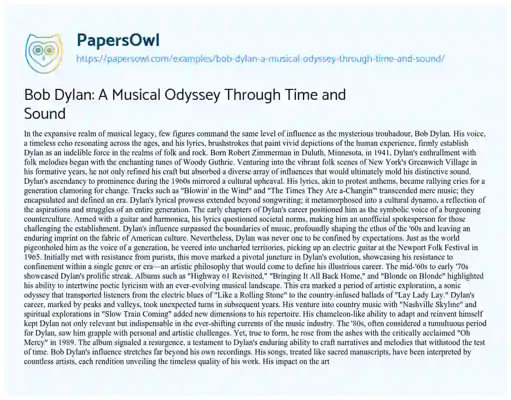 Essay on Bob Dylan: a Musical Odyssey through Time and Sound