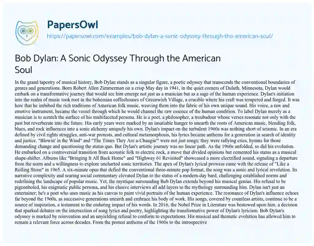 Essay on Bob Dylan: a Sonic Odyssey through the American Soul