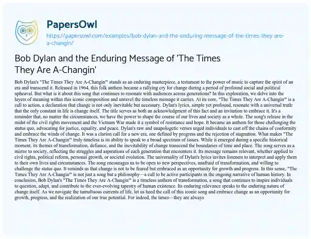 Essay on Bob Dylan and the Enduring Message of ‘The Times they are A-Changin’