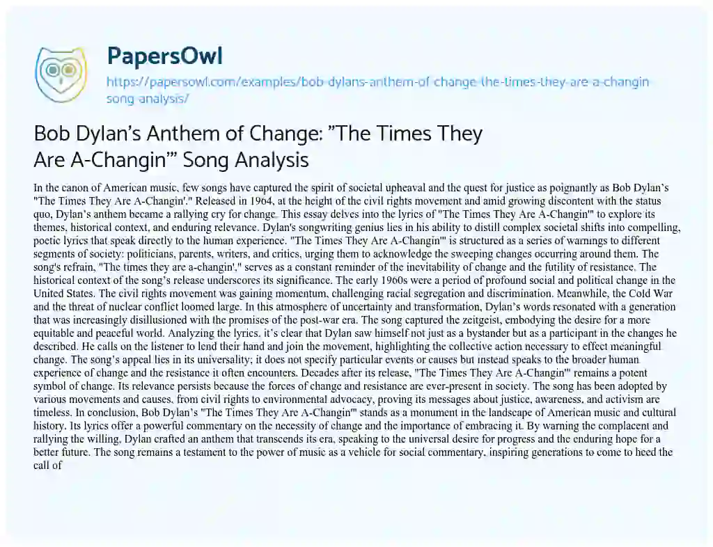 Essay on Bob Dylan’s Anthem of Change: “The Times they are A-Changin'” Song Analysis