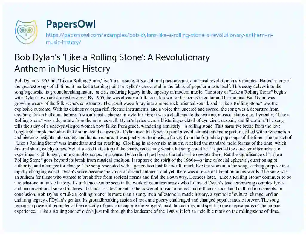 Essay on Bob Dylan’s ‘Like a Rolling Stone’: a Revolutionary Anthem in Music History