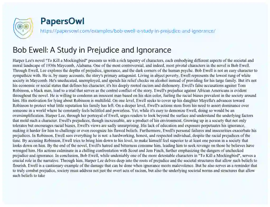 Essay on Bob Ewell: a Study in Prejudice and Ignorance