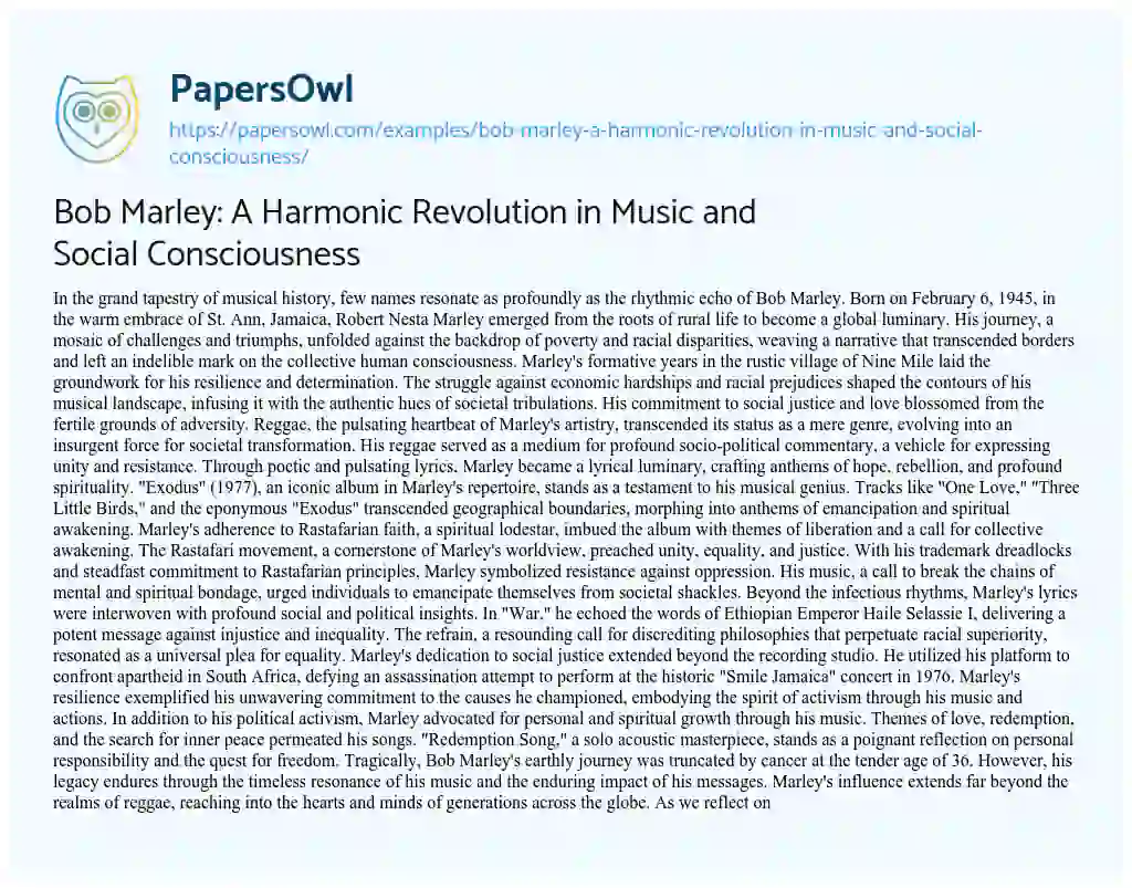 Essay on Bob Marley: a Harmonic Revolution in Music and Social Consciousness