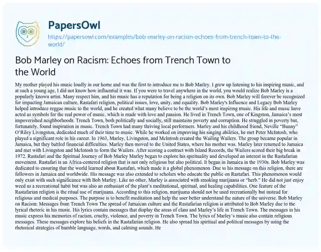 Essay on Bob Marley on Racism: Echoes from Trench Town to the World