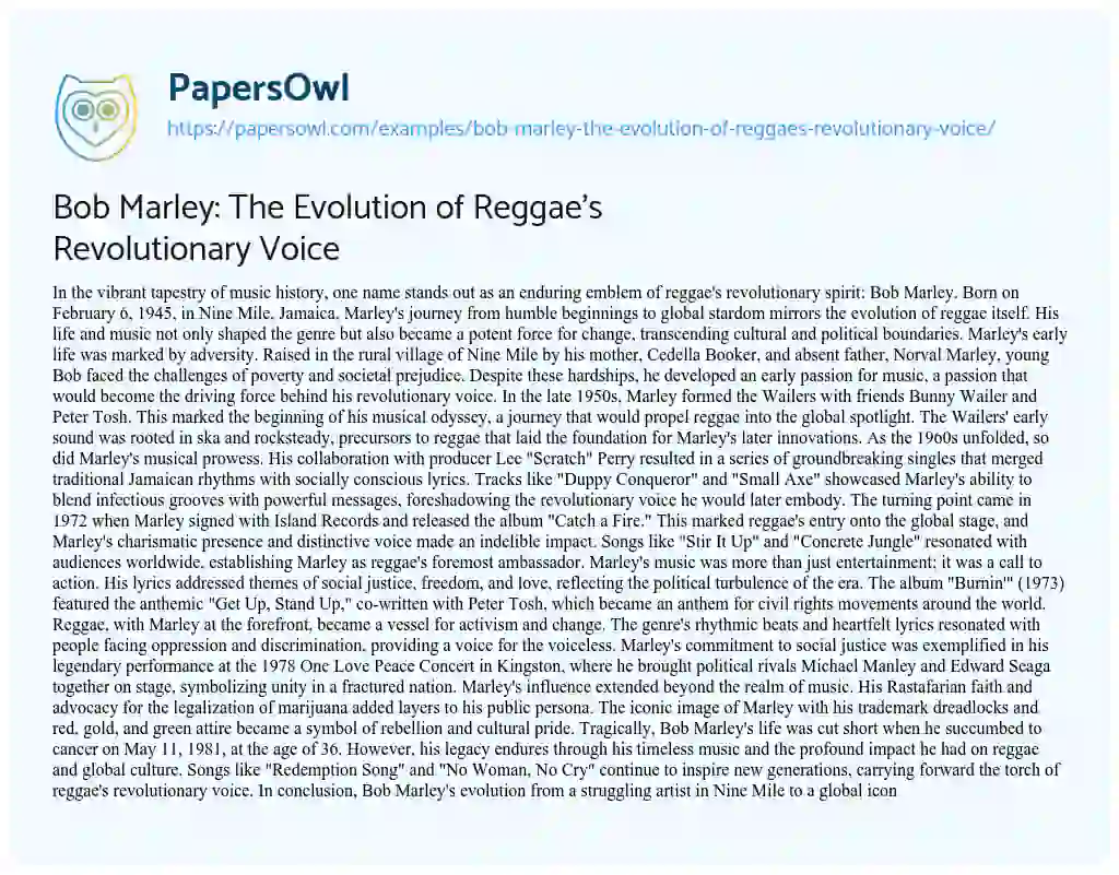 Essay on Bob Marley: the Evolution of Reggae’s Revolutionary Voice
