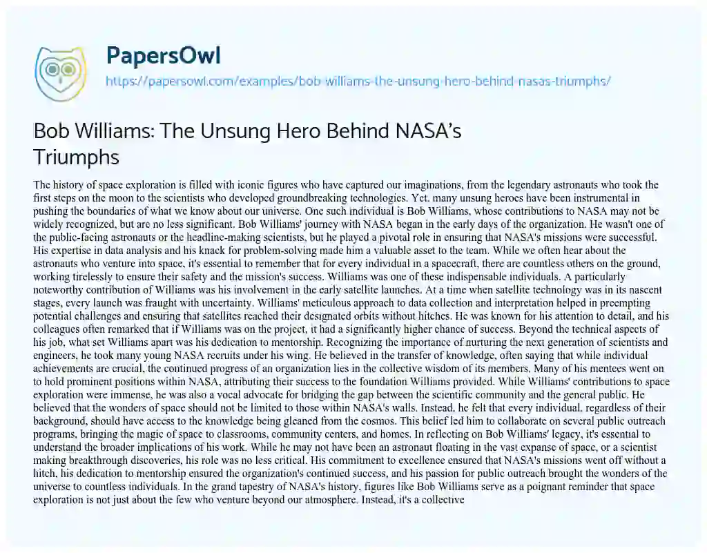 Essay on Bob Williams: the Unsung Hero Behind NASA’s Triumphs