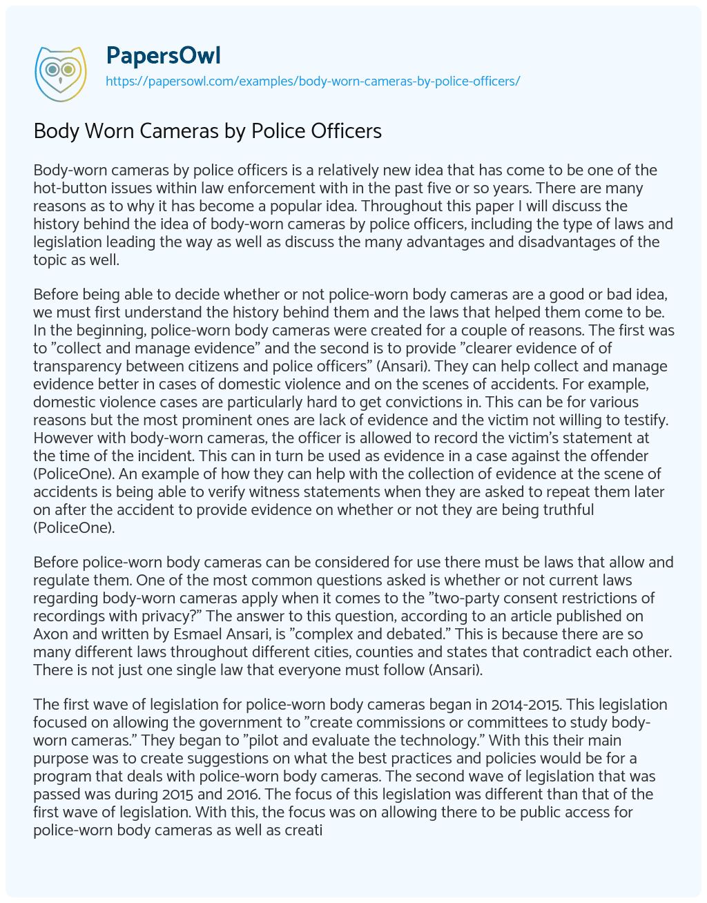 Essay on Body Worn Cameras by Police Officers