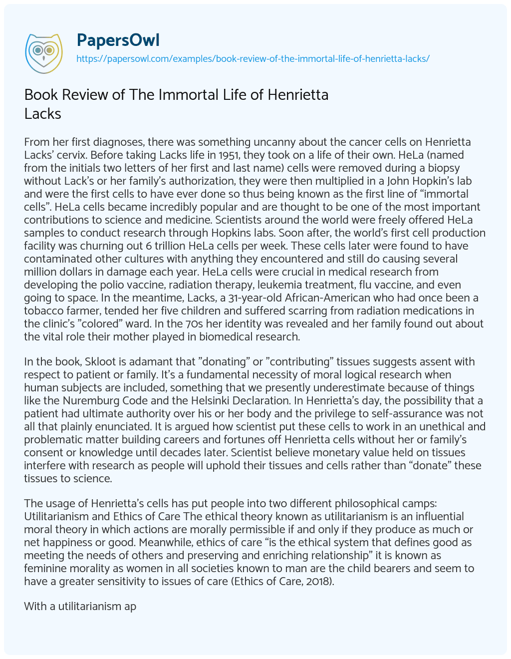 Book Review of the Immortal Life of Henrietta Lacks essay
