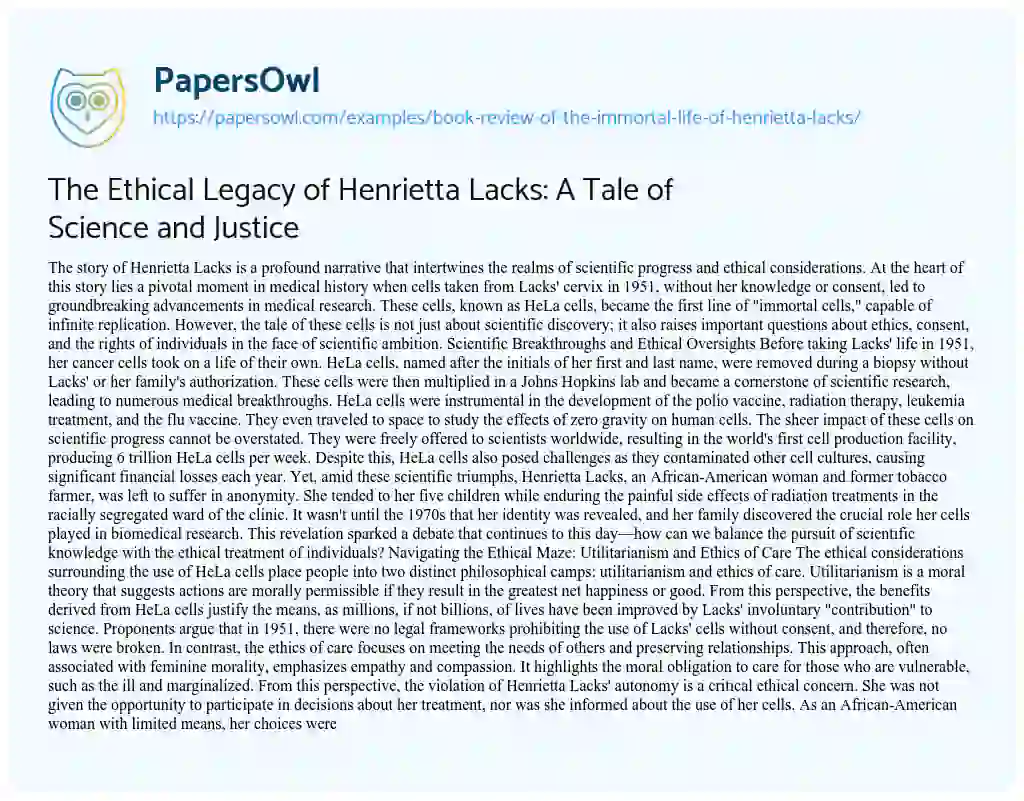 Essay on Book Review of the Immortal Life of Henrietta Lacks