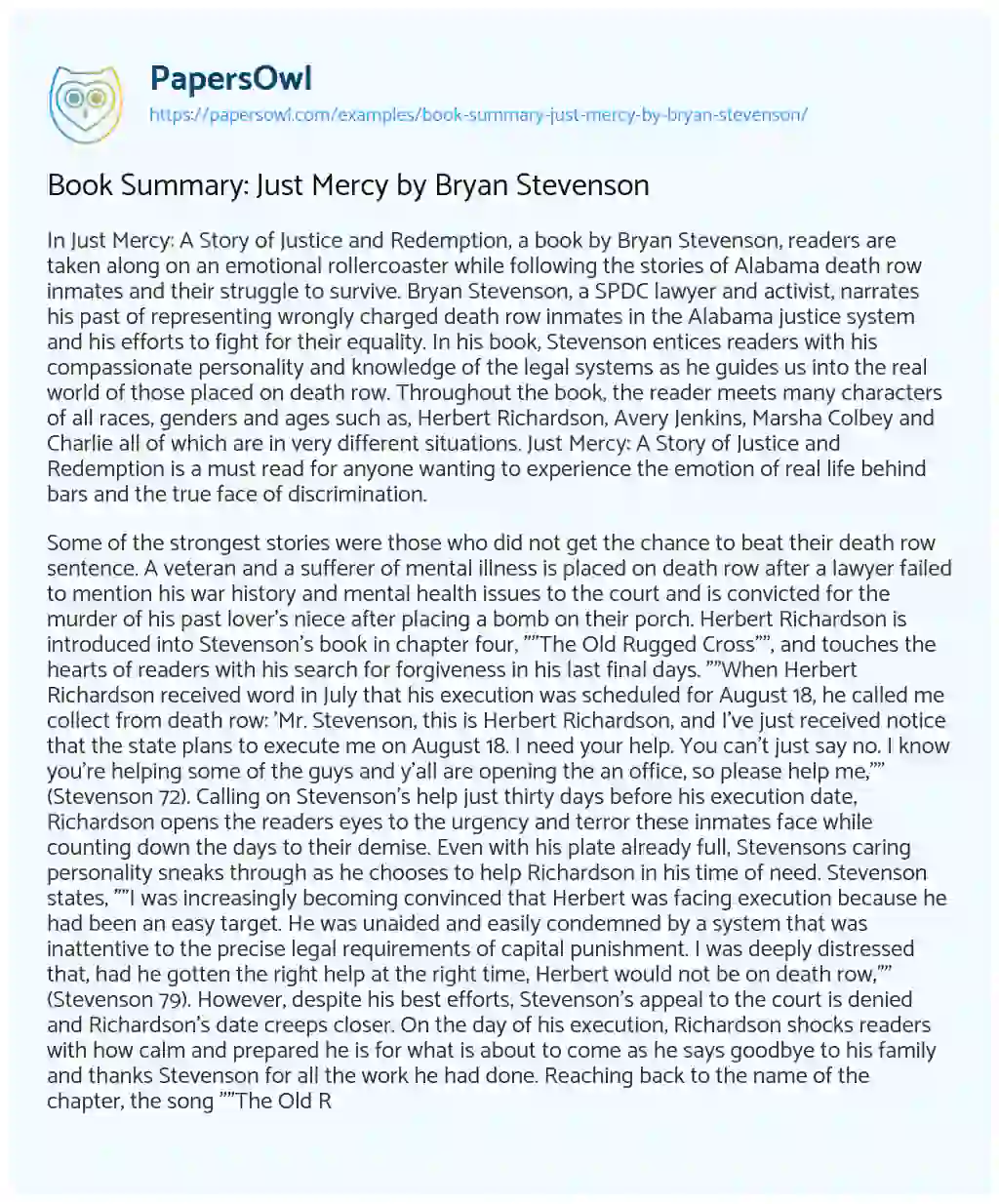 Essay on Book Summary: Just Mercy by Bryan Stevenson