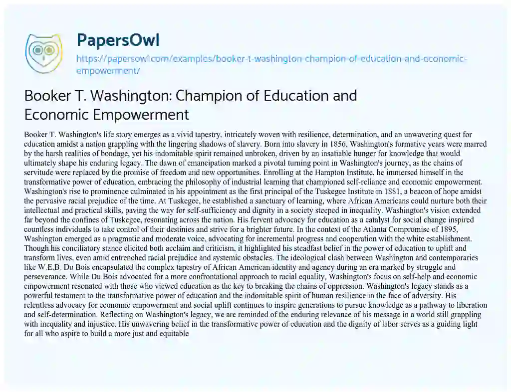 Essay on Booker T. Washington: Champion of Education and Economic Empowerment