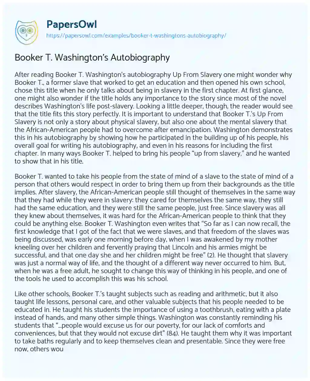Essay on Booker T. Washington’s Autobiography
